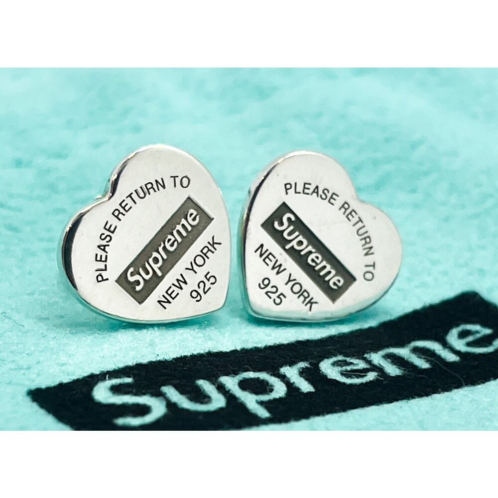 RARE Tiffany & Co X Supreme Mini Return Heart Stud Earrings Sterling Silver
